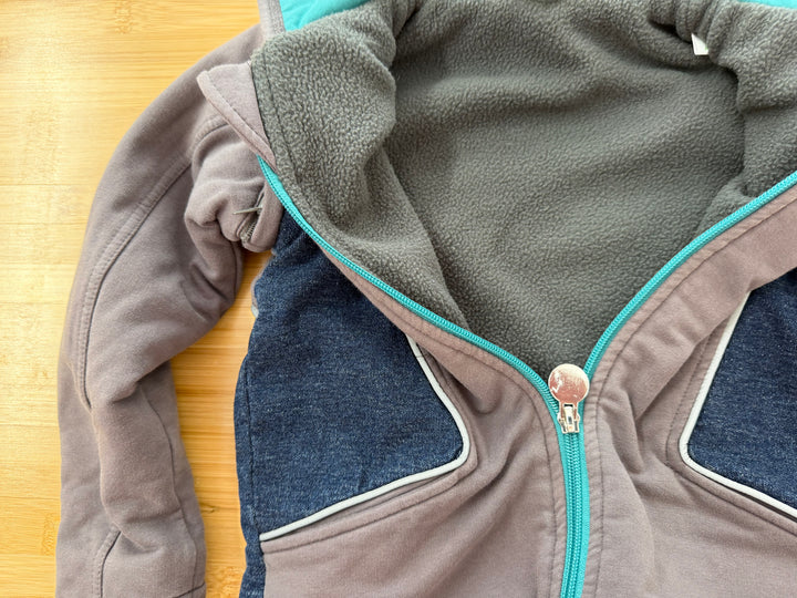 Peekaboo Beans Fleece-Lined Denim Jacket – 2 | Two-Tone Turquoise Zipper Hood Removable Zip-Off Sleeves