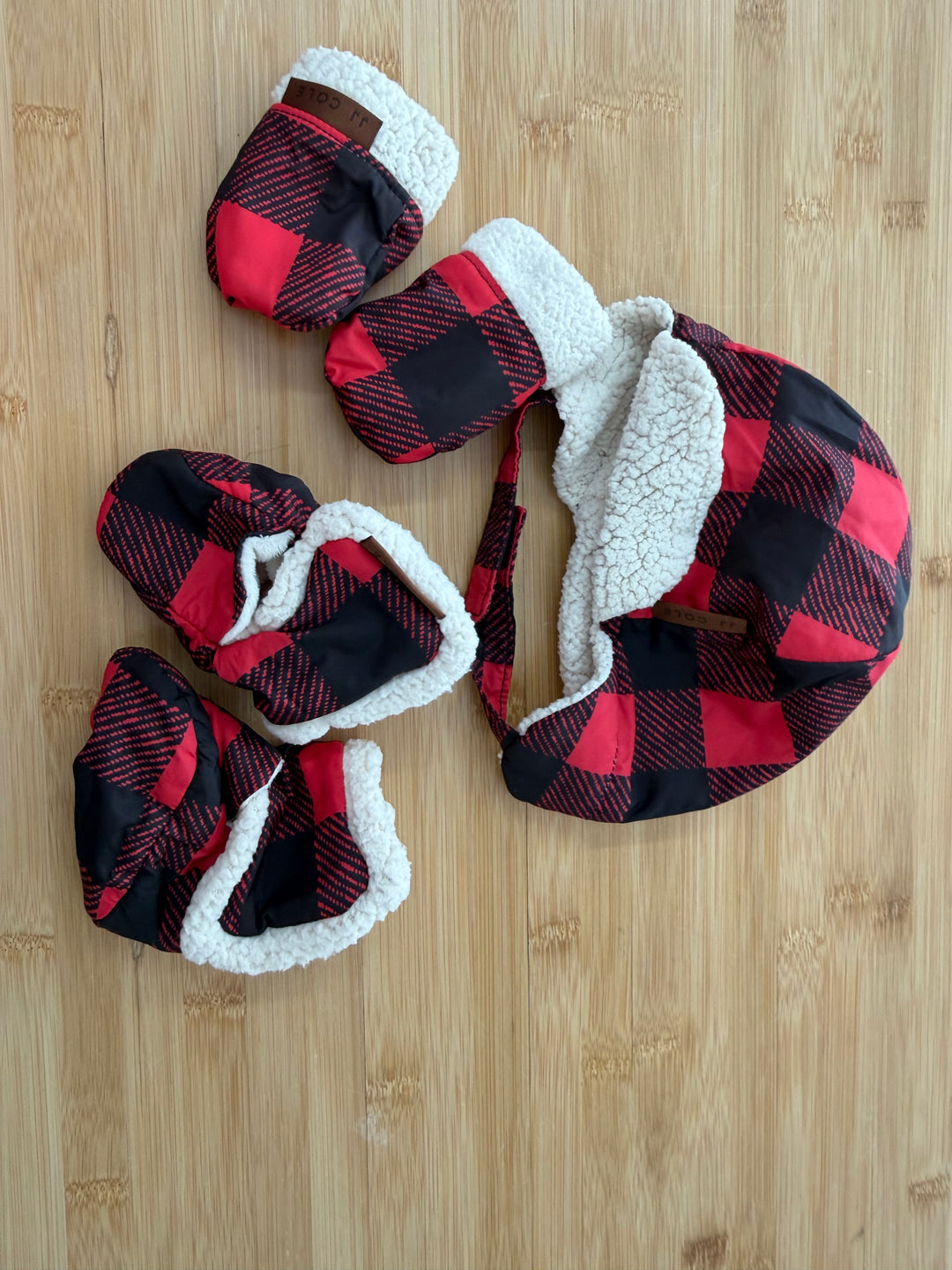 JJ Cole Five Piece Baby Set – Buffalo Plaid Red and Black | Fleece Lined Booties, Trapper Hat, and Mittens