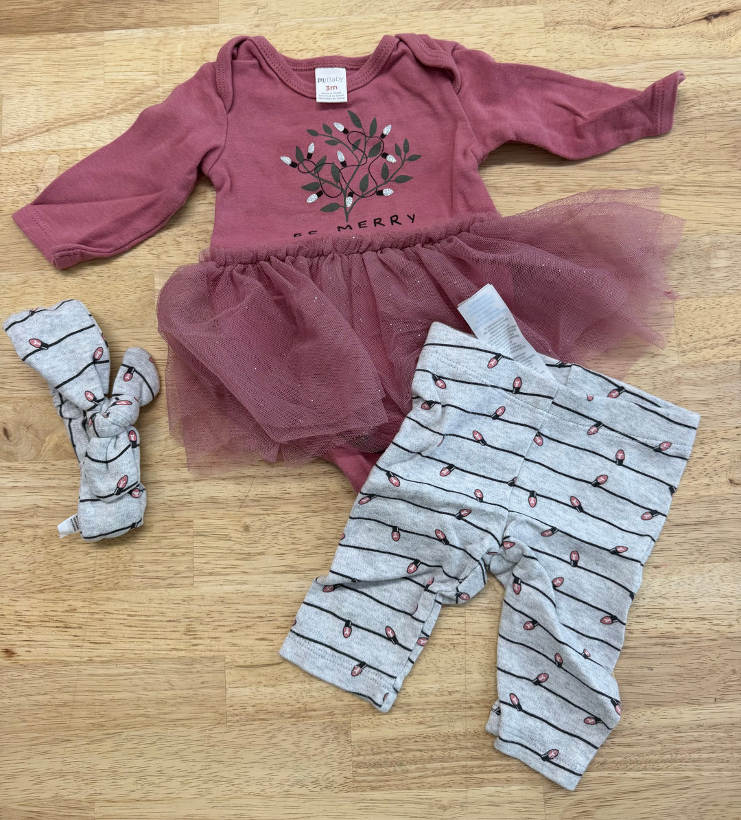 PL Baby Be Merry Christmas Outfit – 3M | Purple/Grey Tulle Skirt Leggings & Headband | Holiday