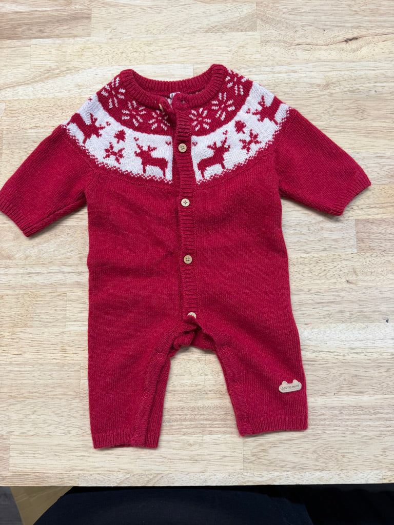 Souris Mini Christmas Knit Romper – 0–3M | Red Reindeer Neckline Button-Up | Holiday
