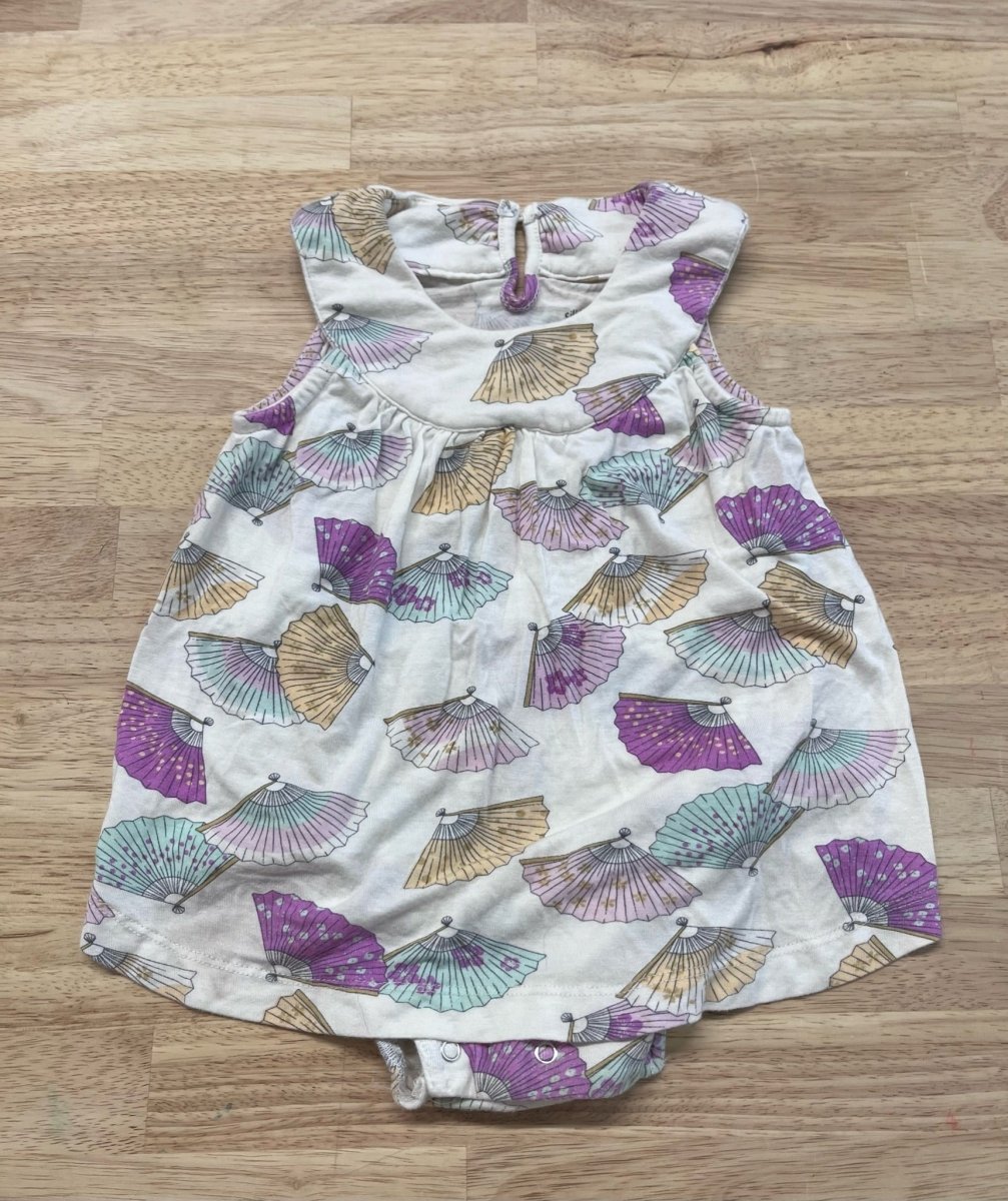 Silkberry Bodysuit Dress – 12 - 18 Months (Sleeveless with Fan Print, Light Staining on Front) - Nest and Sprout - Consignment