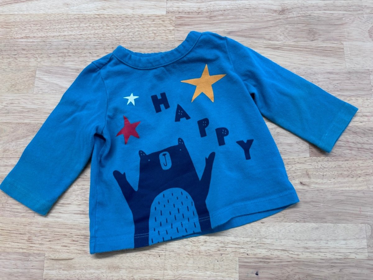 Gap 3 - 6 Month Shirt – Aqua Teal Blue, "HAPPY" with Bear Print - Nest and Sprout - Consignment