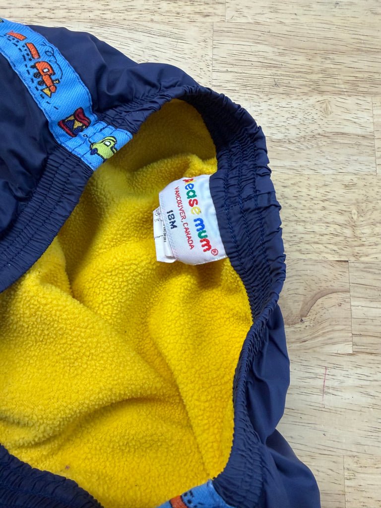 Please Mum Train Ribbon Lined Outdoor Pants – 18M | Yellow Fleece-Lined Elastic - Nest and Sprout-Consignment