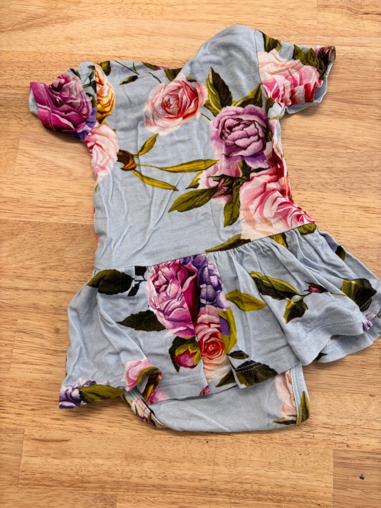 Posh Peanut 0 - 3 Months Blue with Roses Print Bodysuit Dress - Nest and Sprout - Consignment