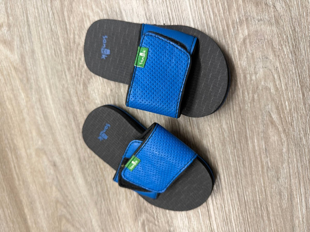 Sanuk Slip - On Slides – Size 7/8 | Black & Blue Velcro - Nest and Sprout - Consignment