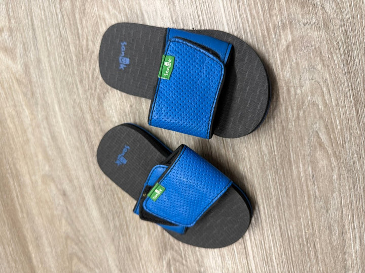 Sanuk Slip - On Slides – Size 7/8 | Black & Blue Velcro - Nest and Sprout - Consignment