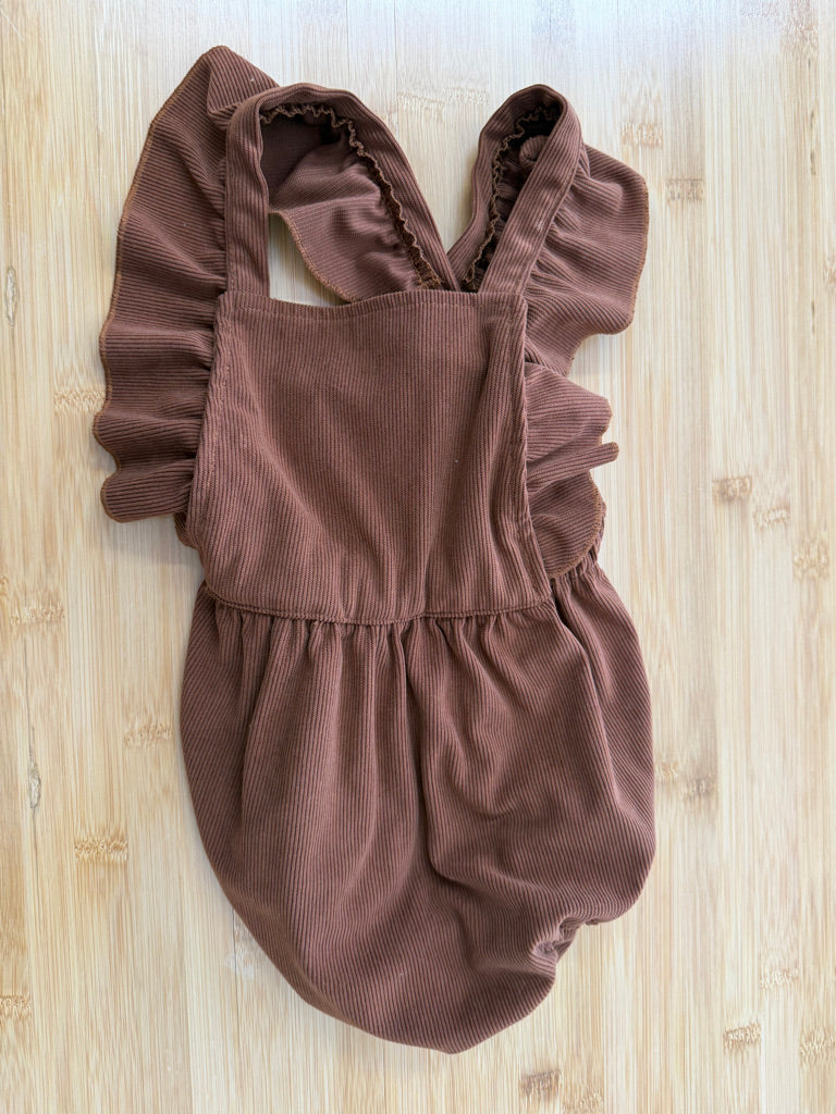 Corduroy Bubble Romper – 18–24M | Brown Ruffle Sleeves