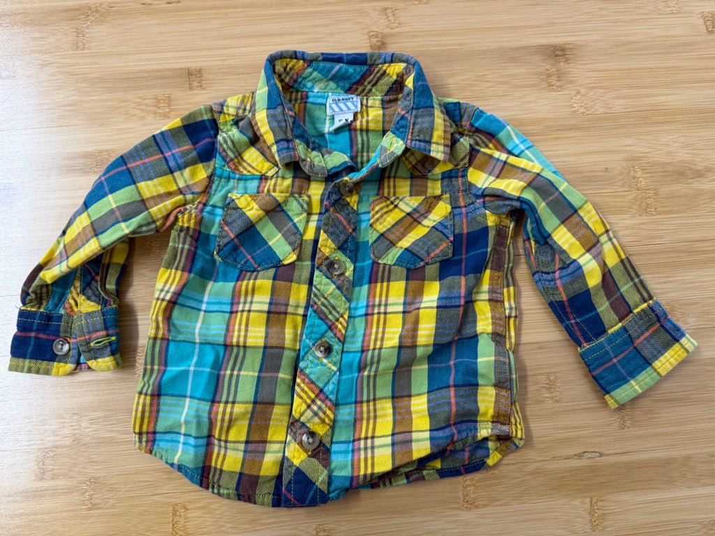 Old Navy Flannel Shirt – One Size | Yellow & Blue Plaid - Nest and Sprout-Consignment