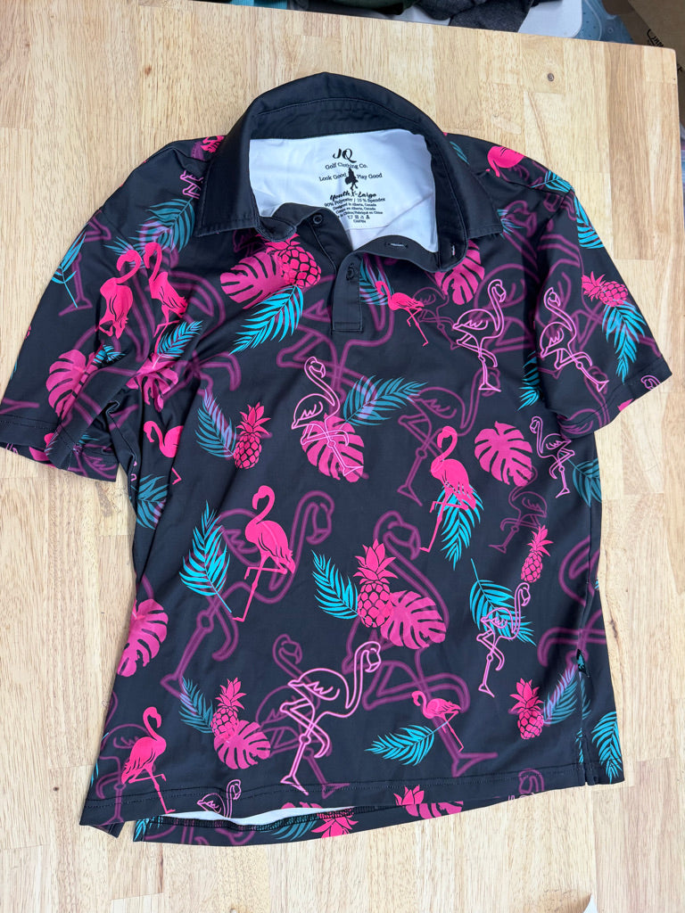 JQ Golf Alberta Polo Shirt – Youth XL | Black Neon Pineapple Flamingo Polyester/Spandex