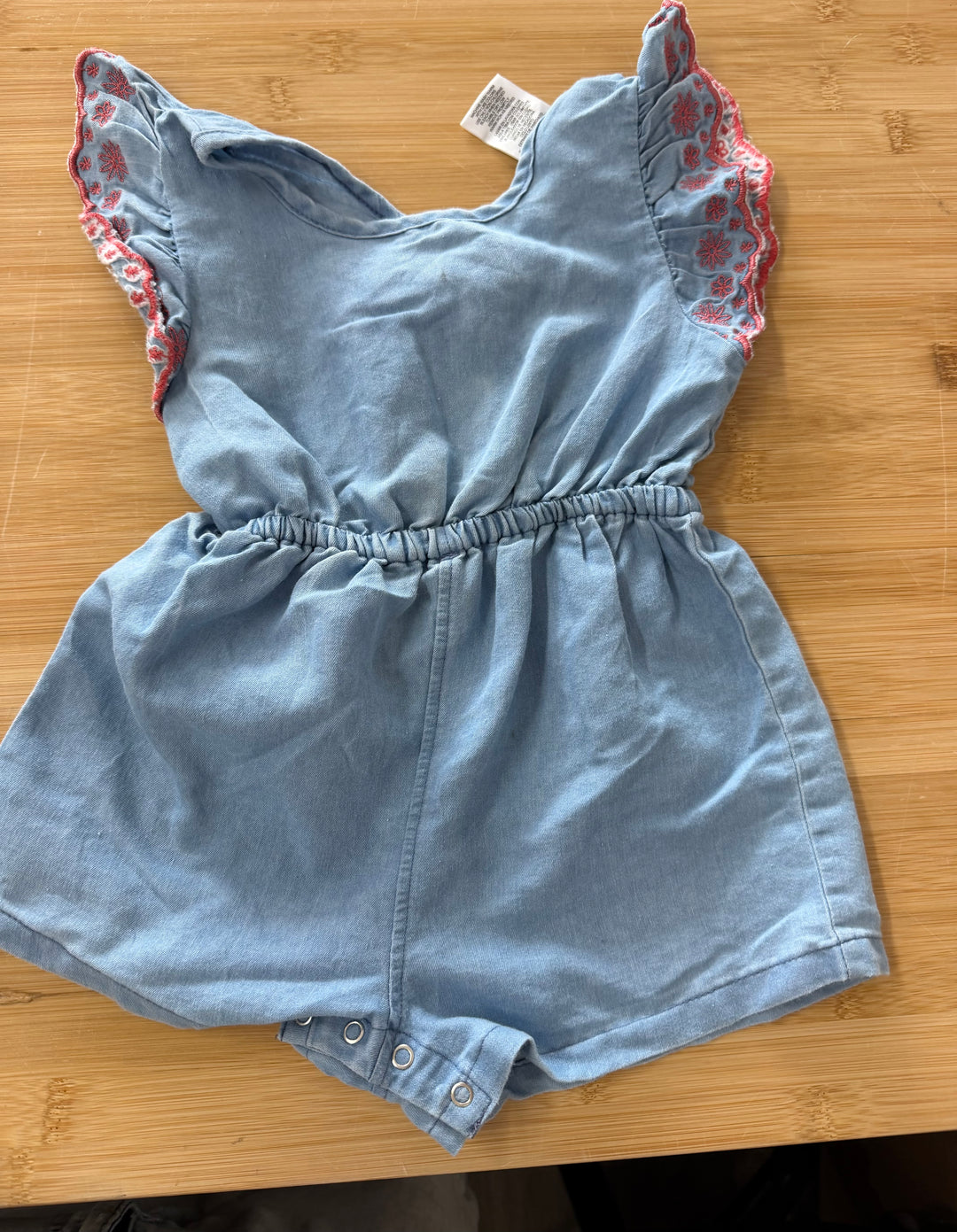 Vince Camuto Denim Romper – 24 Months | Ruffle Cap Sleeve | Snap Crotch