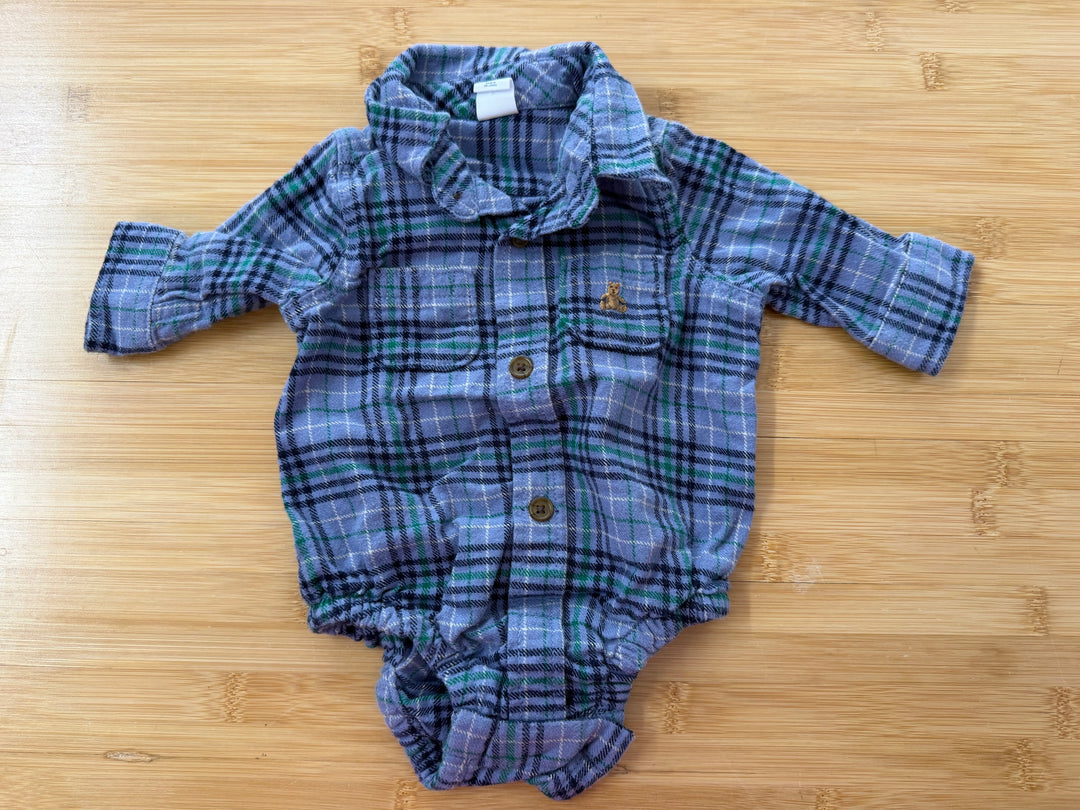 Gap Blue & Green Plaid Flannel Bodysuit – 0–3M | Button-Up