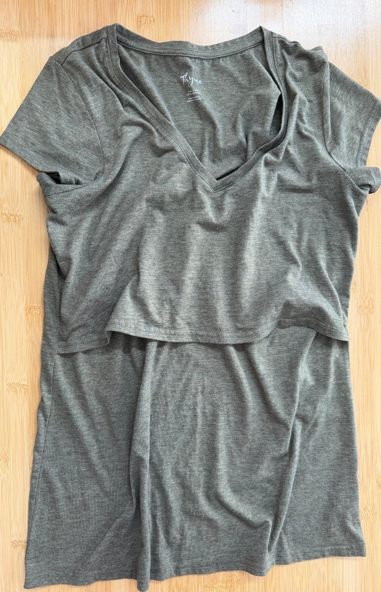 Thyme Maternity Nursing Top – Medium | Army Green | V-Neck | Lift-Up Access - Nest and Sprout-Consignment