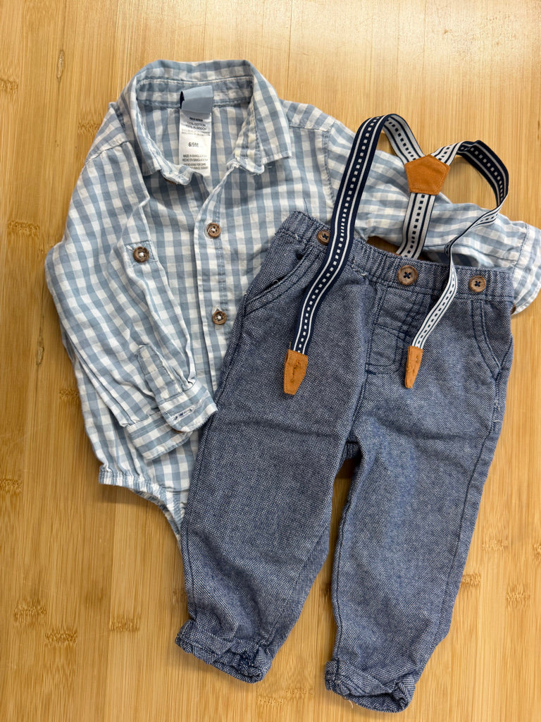 Little Lad Gingham Bodysuit & Pants –6/9m | Blue Long Sleeve Button-Up