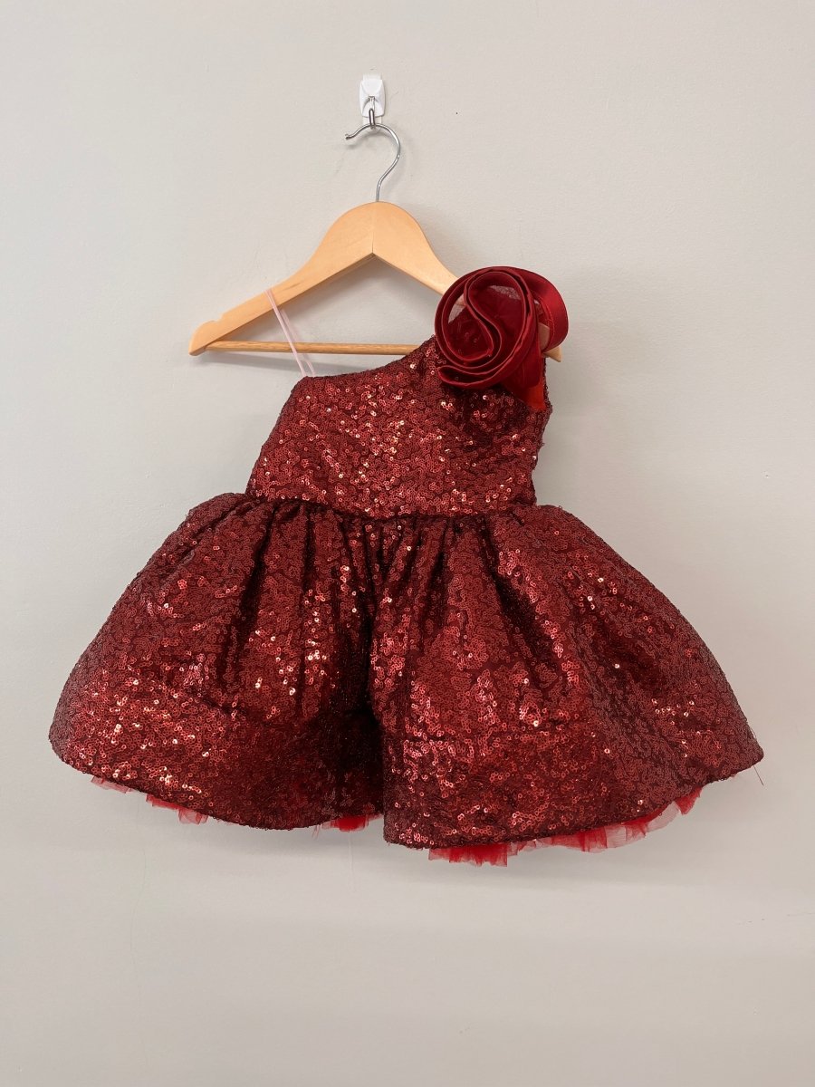 Handmade Red Sequin Dress – One Shoulder with Tulle Skirt – Estimated Size 18 Months - Nest and Sprout - Consignment