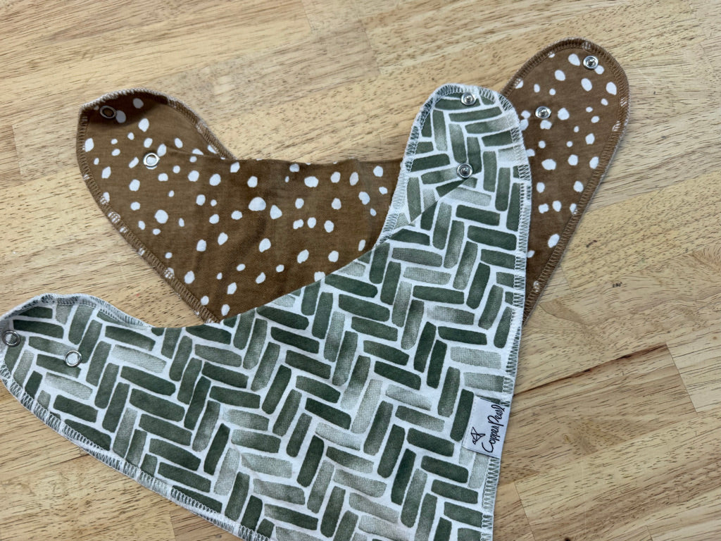 Copper Pearl Bibs Set of 2 – One Size | Green & Brown Polka Dot Excellent