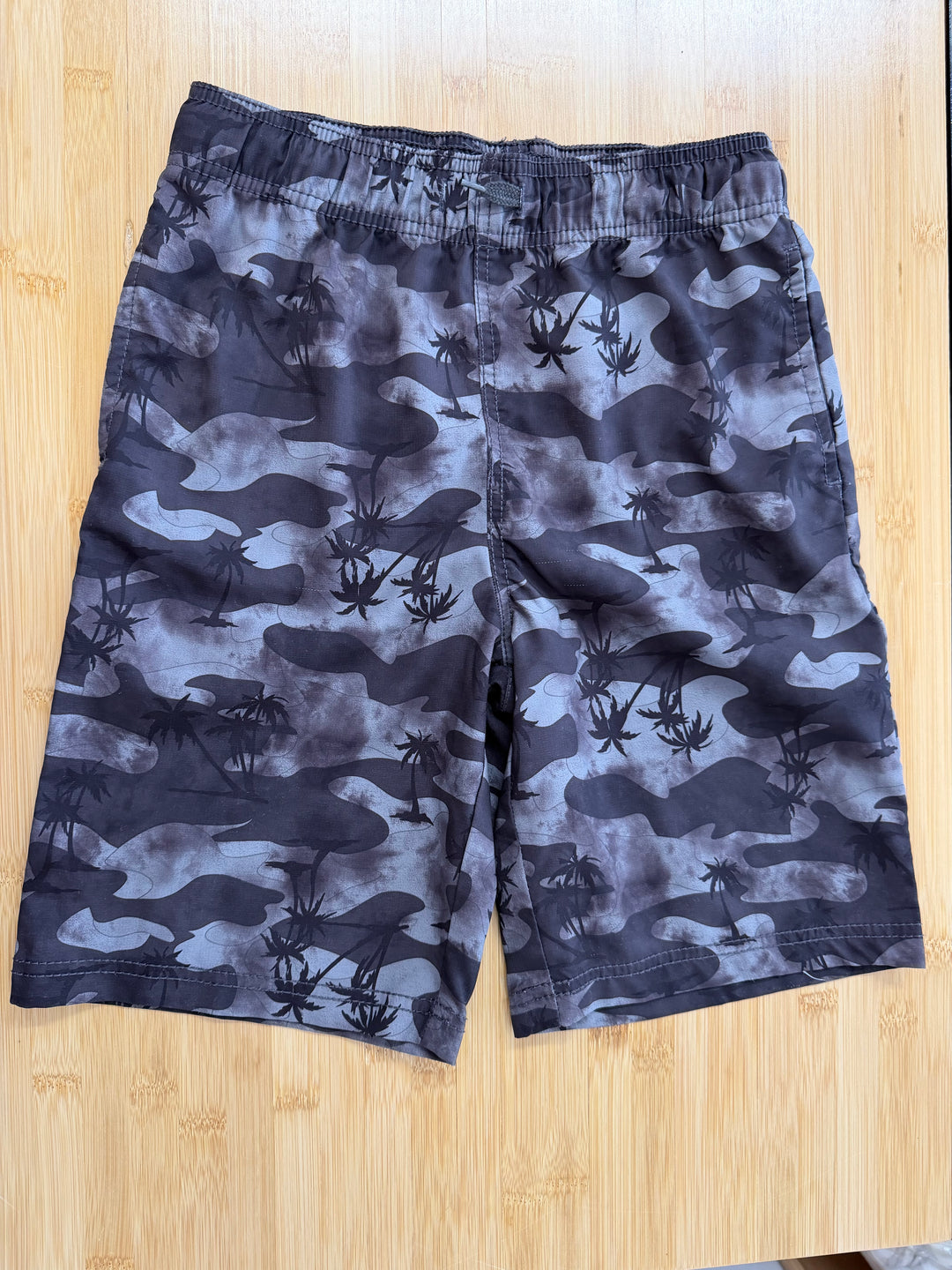 OshKosh Swim Shorts – 10 | Black & Grey Camo Mesh Lined Palm Tree