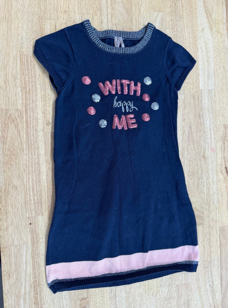 Orchestra Basics x Happy Me Knit Dress – 8 | Navy | Short Sleeve Sequin Graphic - Nest and Sprout-Consignment