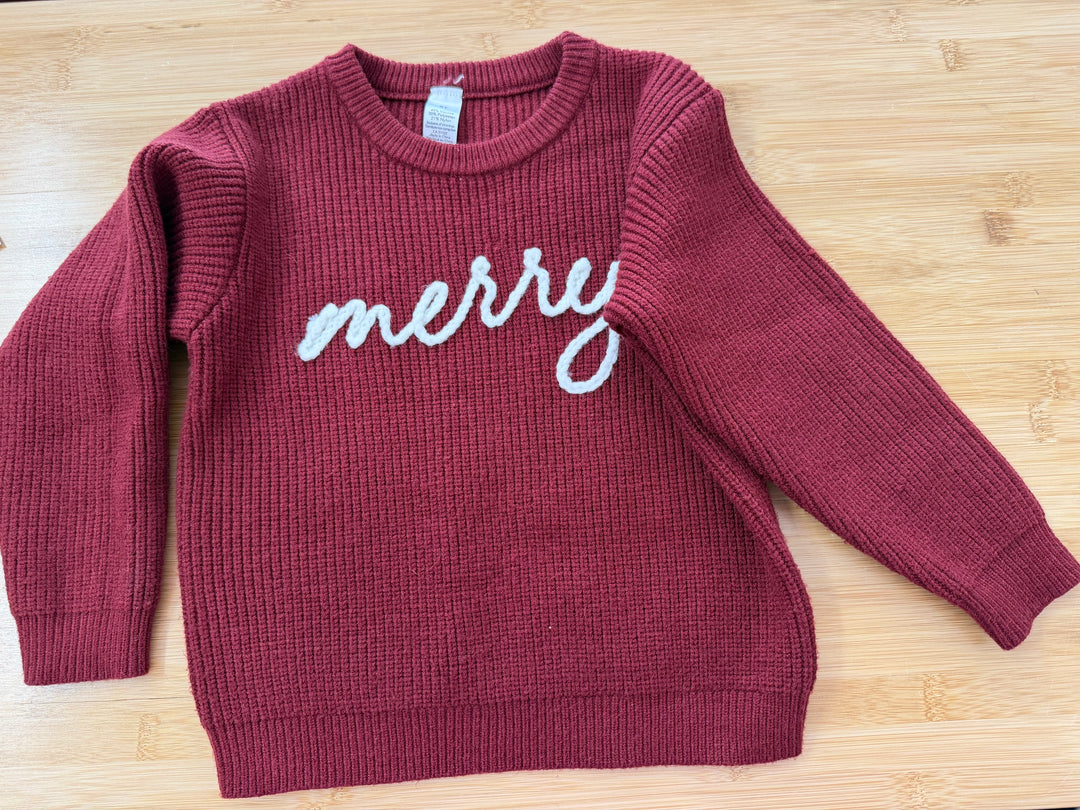 George Merry Embroidered Knit Sweater – 5T | Red/Burgundy | Holiday