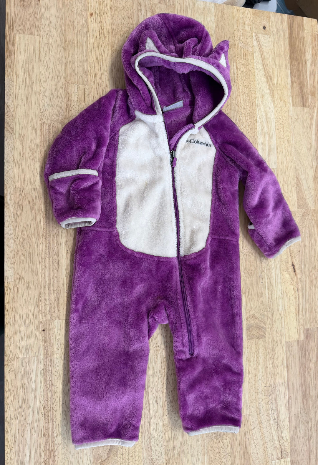 Columbia Fleece Bunting Suit – 6–12M | Purple & White With Ears