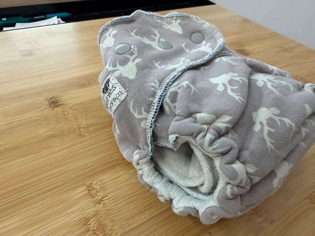 TC Tooshies Fitted Cloth Diaper – One Size | Light Grey Antler Print Snap-In Booster | Play - Nest and Sprout-Consignment