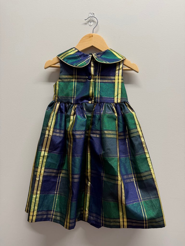 Iris & Ivy Special Occasion Dress – 5 | Gold Green Navy Plaid Bow Collar | Play - Nest and Sprout-Consignment