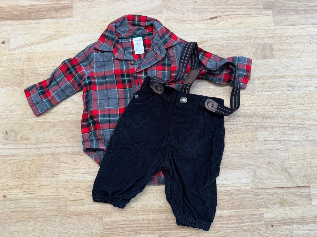 Carter’s Cord Suspenders Outfit with Flannel Bodysuit | Size 3M - Nest and Sprout - Consignment