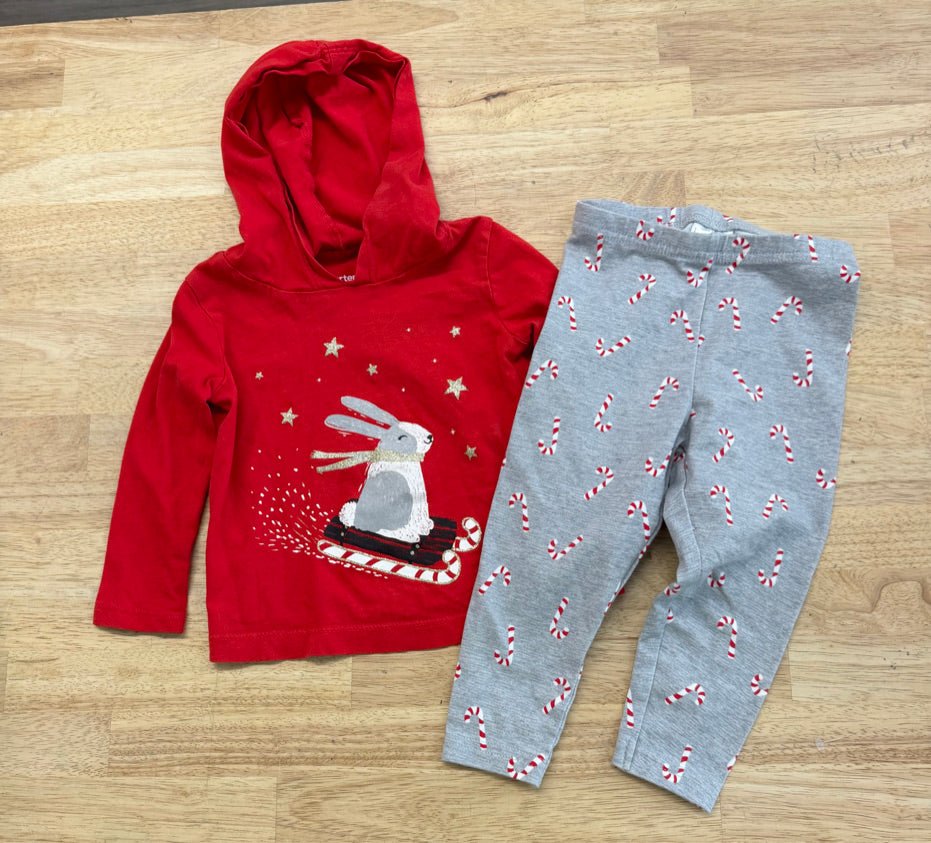Carter's Holiday Set – 18M | Candy Cane Leggings & Red Rabbit Hooded Shirt | Holiday - Nest and Sprout - Consignment