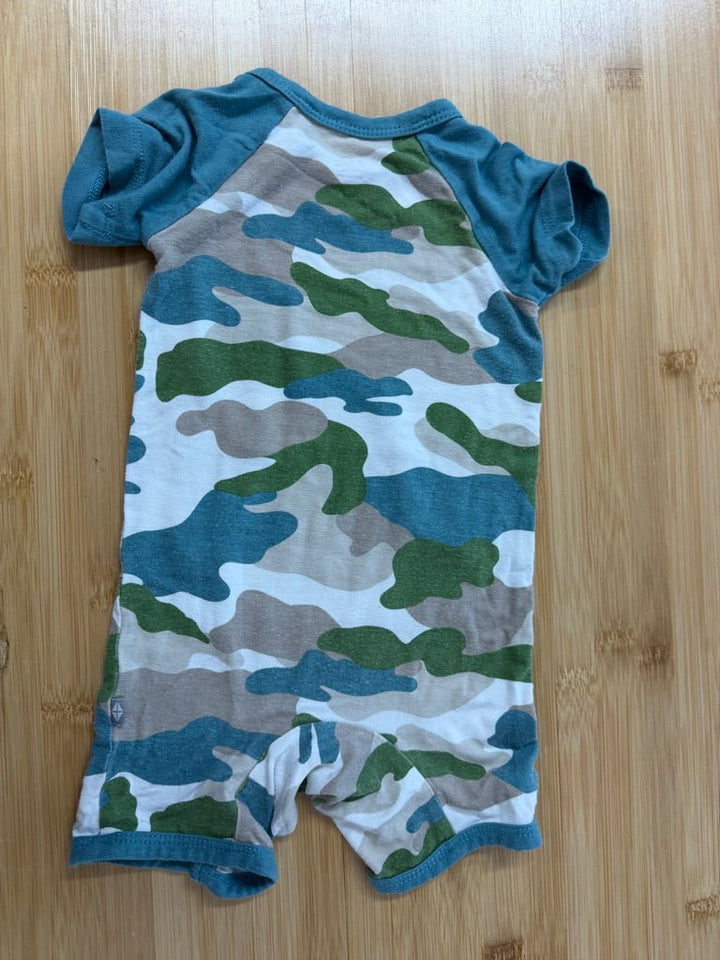 Kyte Baby Camo Shortall – 6–12M | Green & Blue Snap Front Pocket | Play - Nest and Sprout-Consignment