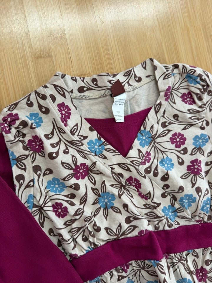 Tea Collection Dress – 7 | Oatmeal Corduroy Floral Print, Fuchsia Sleeves - Nest and Sprout-Consignment