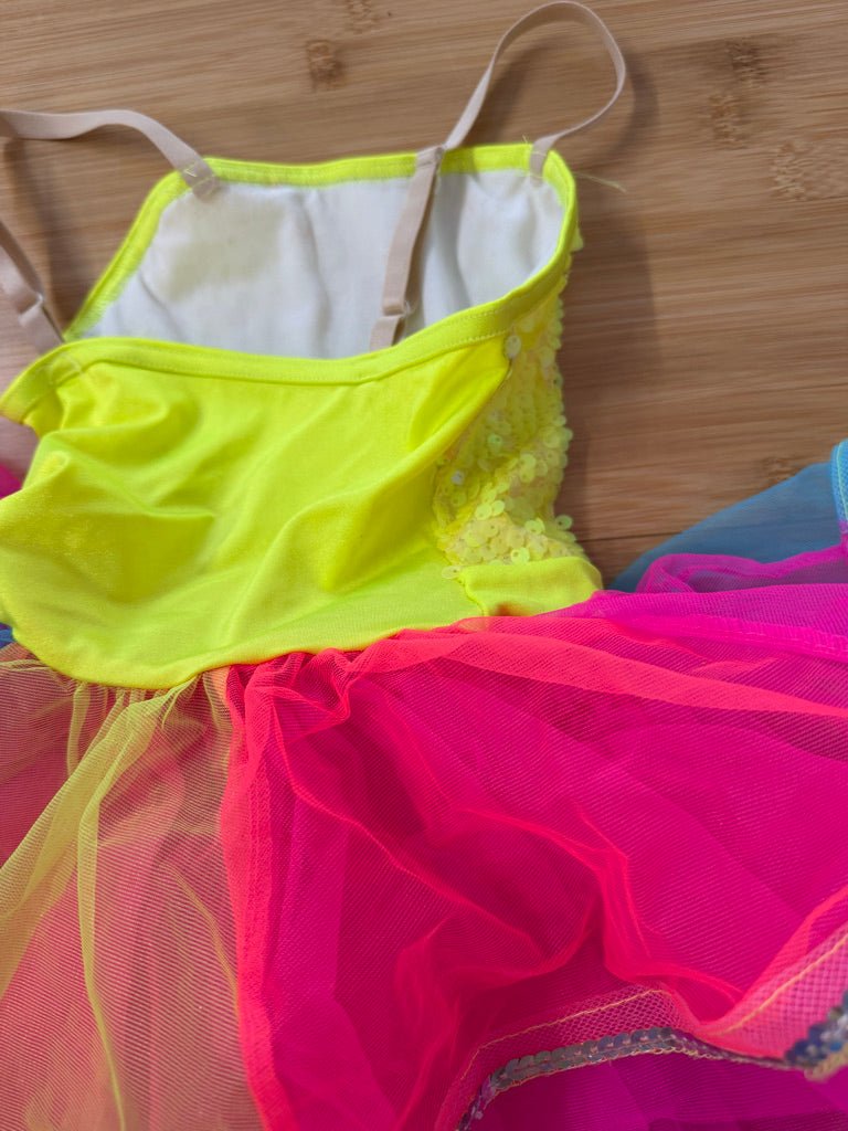 Weissman Performance Dance Wear – XSC | Yellow Sequin Bodice Neon Rainbow Skirt - Nest and Sprout-Consignment