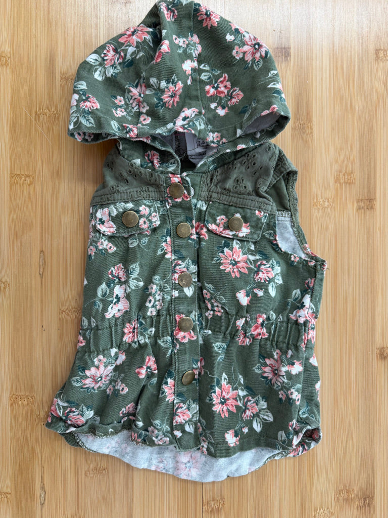 Little Lass Denim Vest – 12M | Sage Green Floral Hood & Snaps