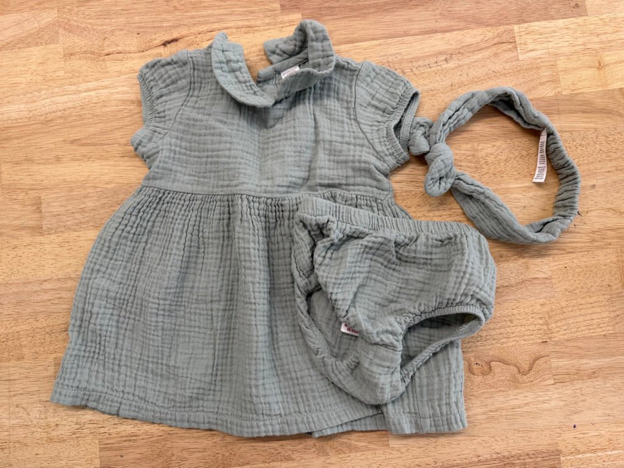 PL Baby Muslin Set – 18M | Sage Green Dress Diaper Cover & Headband - Nest and Sprout - Consignment