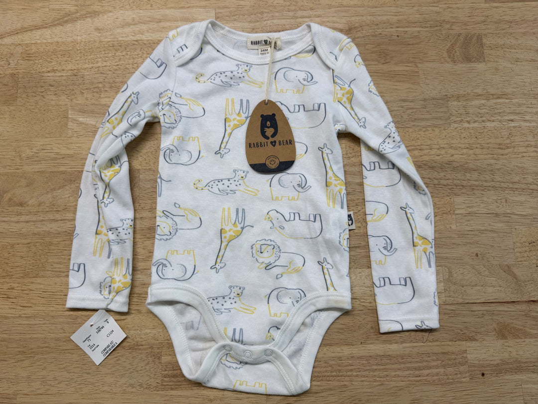 Rabbit + Bear Safari Bodysuit – 24M | White Neutral Safari Animals Long Sleeve | NWT