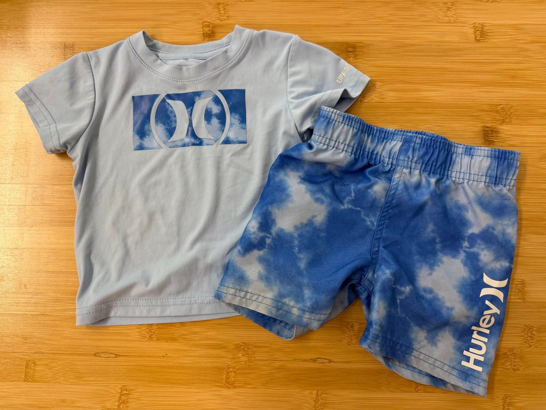 Hurley Two-Piece Set – 12M | Light Blue Sky Blue Graphic T-Shirt & Swim Shorts