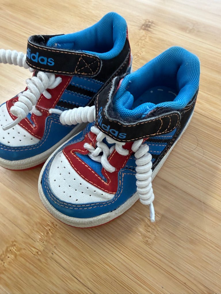 Adidas High-Top Velcro Shoes – 5K (EU 21) | Blue Black & Red Squirrel Lace - Nest and Sprout-Consignment