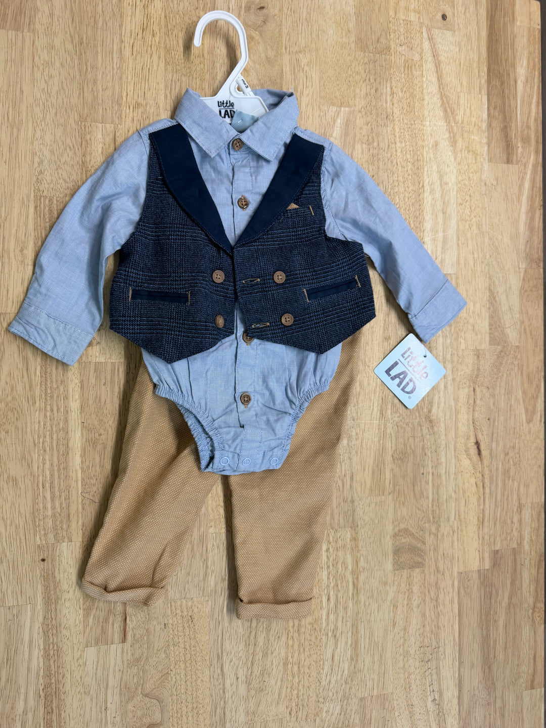 Little Lad Two-Piece Set – 3–6M | Blue Plaid Button-Down Vest & Chino Pants | NWT