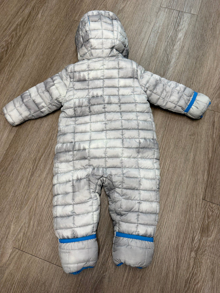 Snozu Quilted Insulated Snowsuit – 9–12M | Grey & Blue Fold-Over Hands & Feet