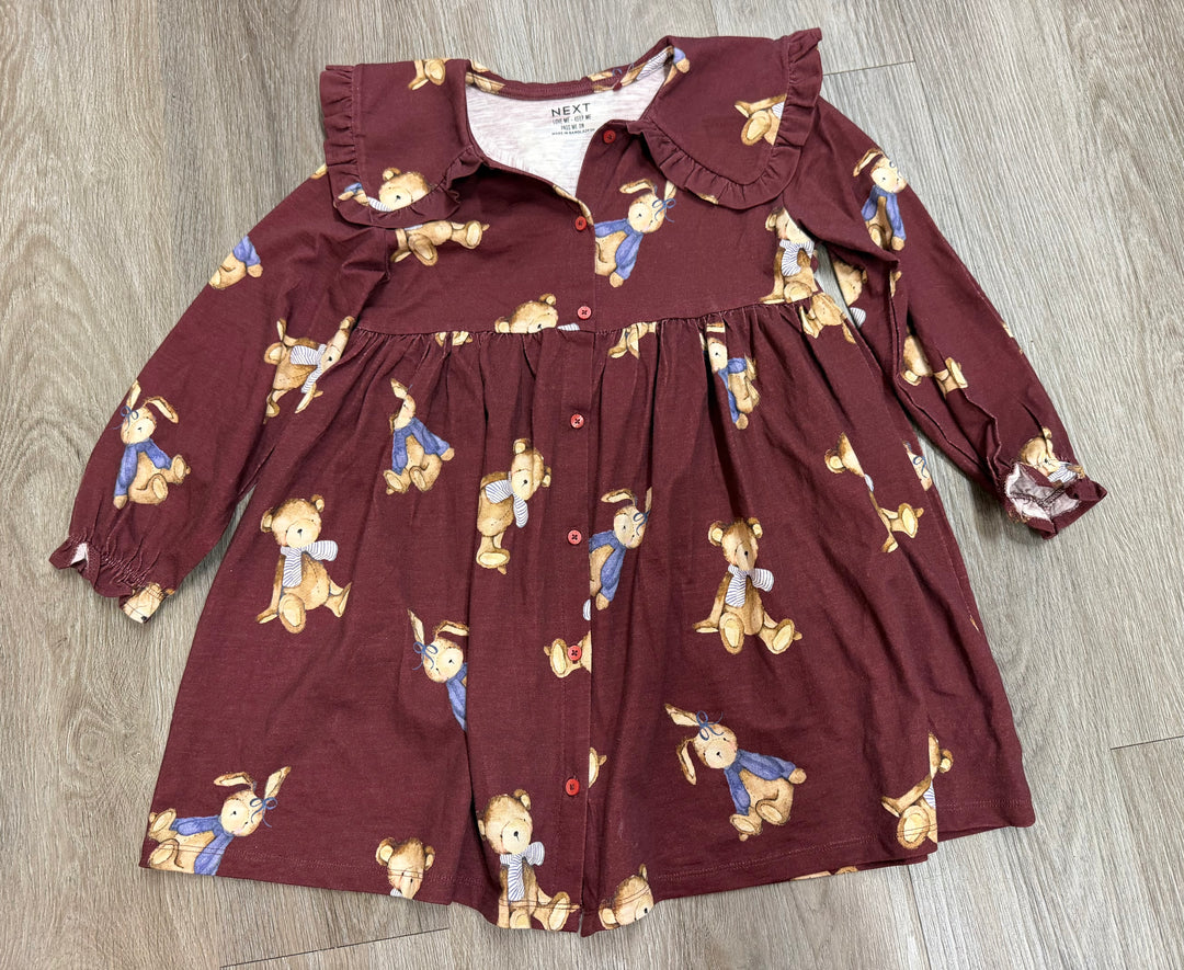 Next Teddy Bear Button-Up Dress – 5–6Y | Burgundy Long Sleeve | Play