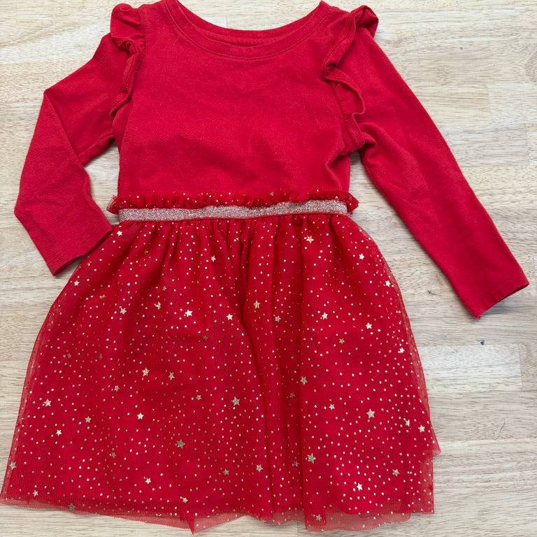 Cat & Jack Christmas Dress – 2T | Red Long Sleeve Tulle Skirt Gold Stars | Holiday