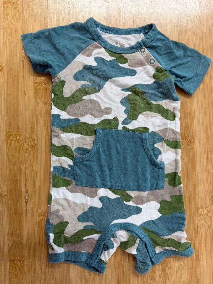 Kyte Baby Camo Shortall – 6–12M | Green & Blue Snap Front Pocket | Play - Nest and Sprout-Consignment