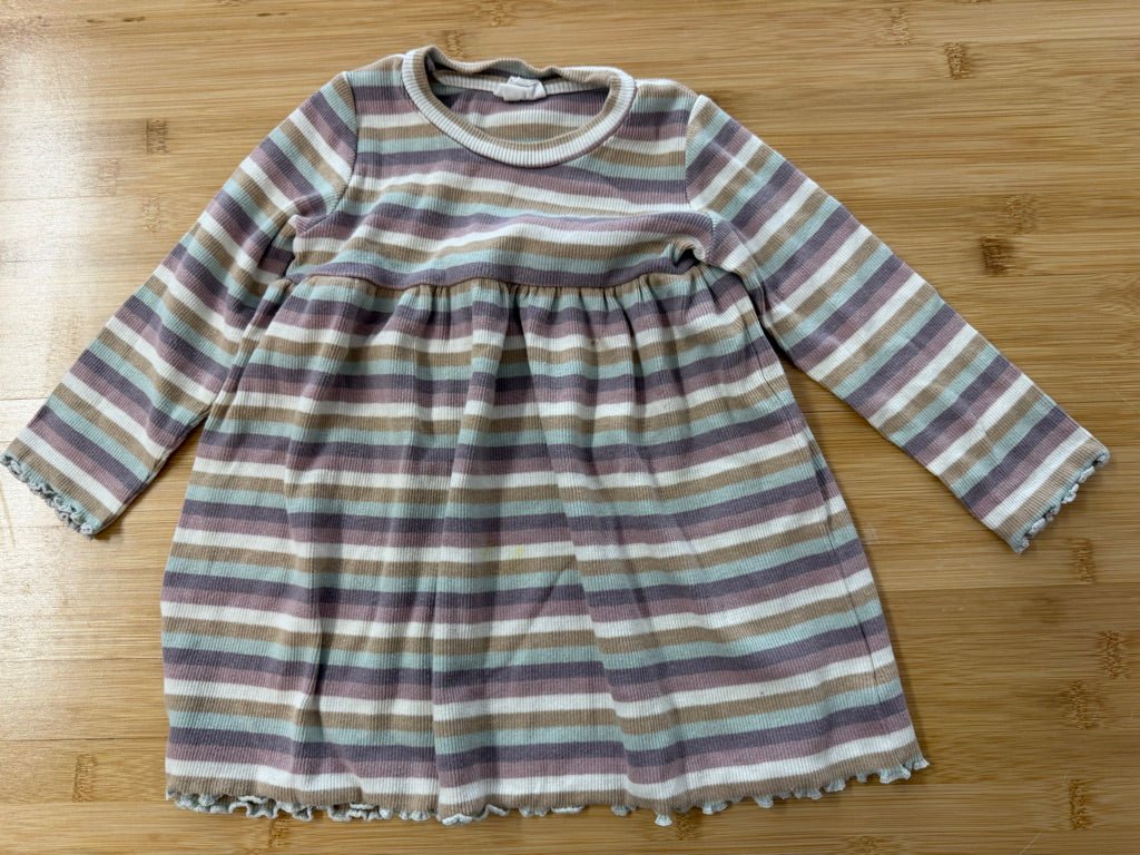 Mandarine & Co Striped Ribbed Dress – 18M | Pink Purple Blue & Beige - Nest and Sprout-Consignment
