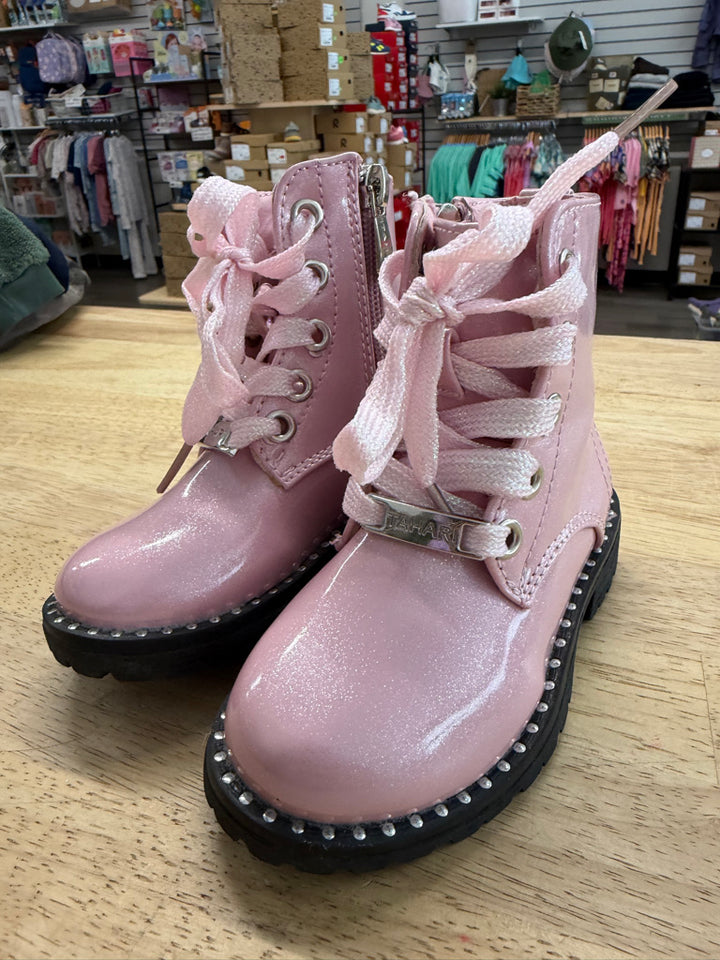 Tahari Shimmer Boots – 5 | Pink Sparkle Lace-Up Side Zipper