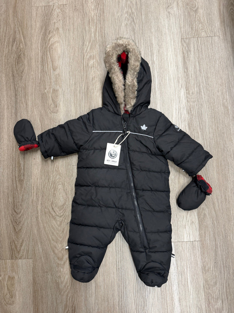 Canadiana Quilted Puffer Snowsuit – 3–6M | Black Snap-On Mittens Enclosed Feet