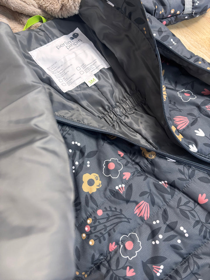 Perlimpinpin Car Seat Safe Snowsuit – Size 6-12M Charcoal Floral