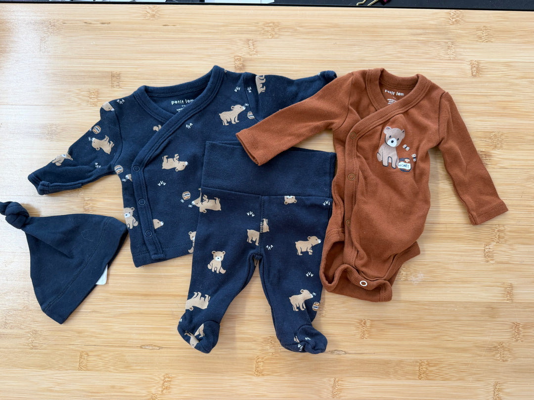 Petit Lem Bear Four Piece Set & Hat – Preemie | Navy Kimono Top Footed Leggings Like New