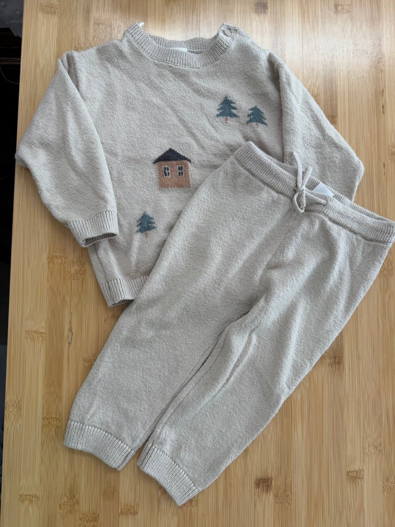 H&M Knit Set – 12–18M | Light Brown Leggings & Sweatshirt Forest House Print | Play - Nest and Sprout-Consignment
