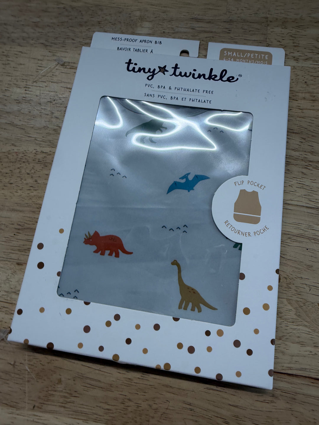 Tiny Twinkle Mess Proof Apron Bib – Small | Dinosaur Print | New in Package
