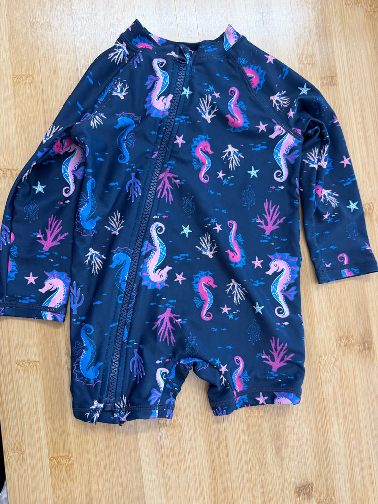 Joe Fresh Swimsuit – 12–18M | Navy Seahorse & Pink Long Sleeve Short Leg One-Piece
