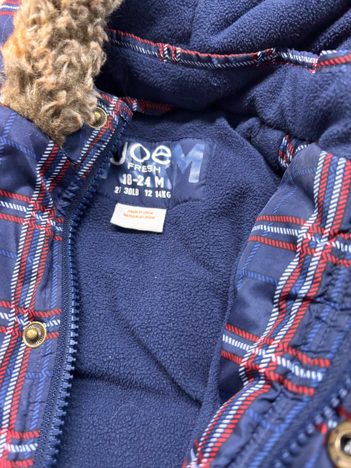 Joe Fresh Plaid Jacket with Faux Fur Hood – Size 18-24M