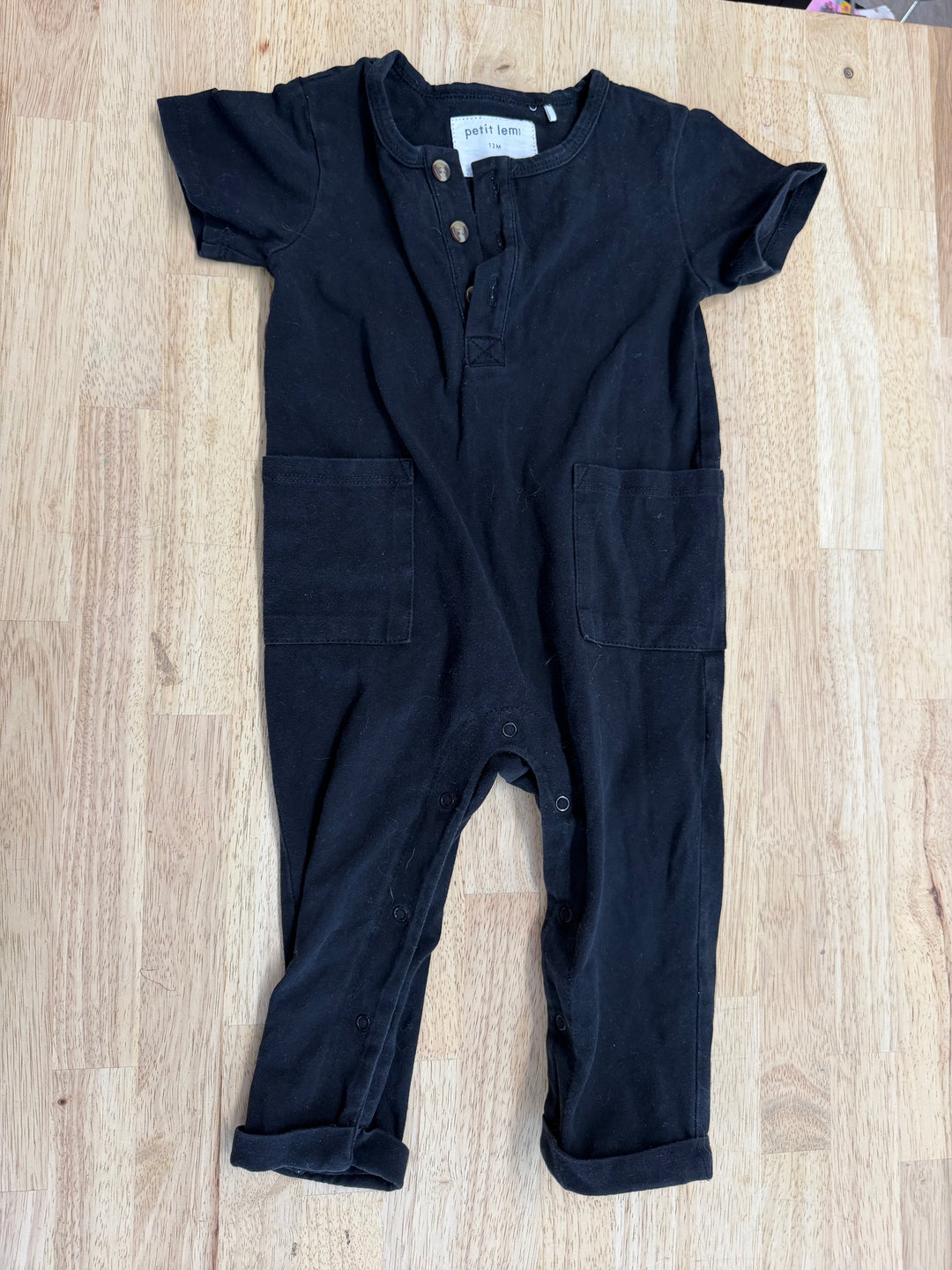 Petit Lem Black Short Sleeve Romper – 12M | Pockets